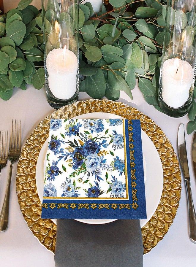 AnyDesign 80 Pack Navy Blue Floral Paper Napkins Blue White Flower Disposable Luncheon Napkins Gold Frame Dessert Dinner Hand Napkin for Home Kitchen Wedding Birthday Baby Shower, 6.5 x 6.5 Inch - Image 4
